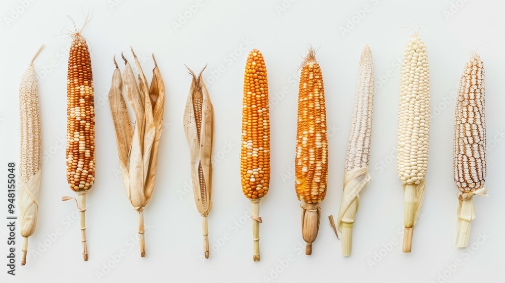 Poster several corn cobs placed in a row against a clean white background