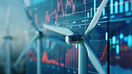 Naklejka premium A wind turbine with graphs and charts on the screen behind it, representing green energy market data in an urban setting. 