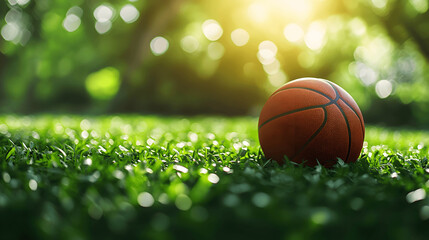 Basketball on vibrant green grass with blurred sunlight background