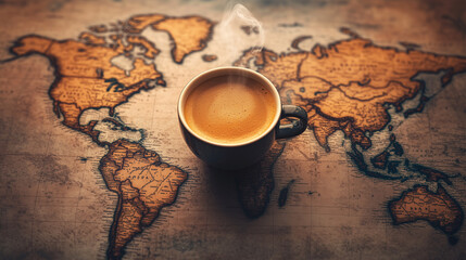 coffee mug on wooden world map. travel concept