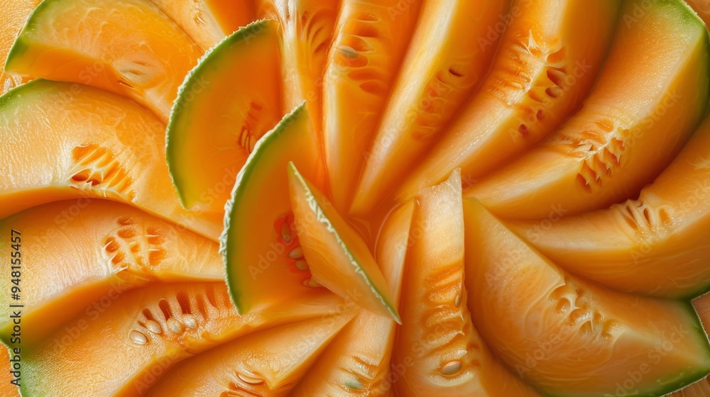 Poster Sliced cantaloupe pieces arranged in a radial pattern, with a minimalist background