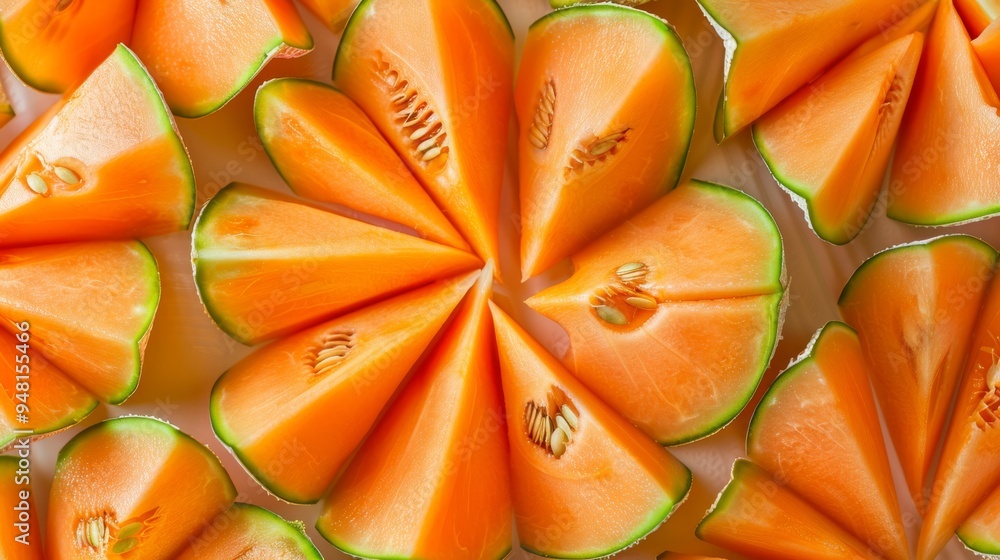Poster sliced cantaloupe pieces arranged in a radial pattern, with a minimalist background