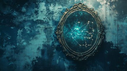 Obraz premium old vintage mirror with astrological constellation inside. stars and astrology