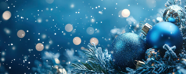 A beautiful arrangement of blue ornaments rests among pine branches, while delicate snowflakes gently fall, enhancing the wintry ambiance perfect for holiday festivities. Banner with place for text