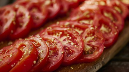 Obraz premium Sliced tomatoes arranged neatly on a wooden board, highlighting their juicy interiors and seeds.