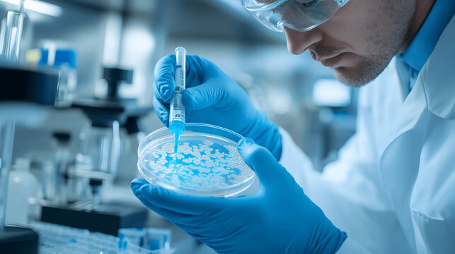 Scientist inspecting petri dish with bacteria samples in sterile lab