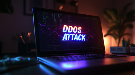 laptop with ddos ​​attack sign