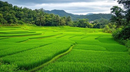 Fototapeta premium Lush Southeast Asian rice field with neatly arranged paddies, green and serene landscape
