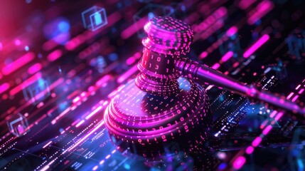 Digital gavel and data visualizations on digital background, AI business concept. Digital, high-tech illustration of law court or continuous computer technology with binary code.