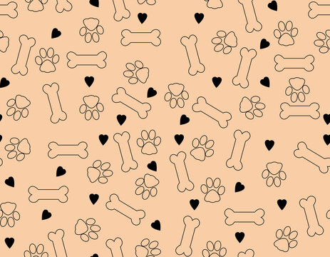 Seamless reaping hollow dogs paw and bones pattern with black hearts on light pink background. children's texture with cute dogs. simple pet dogs vector illustration