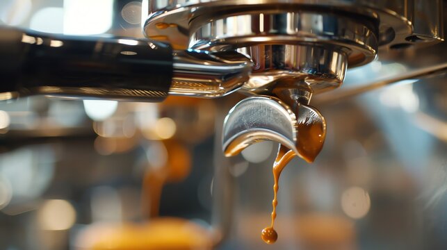 Close up of a coffee machine brewing espresso.