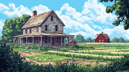 old rural house in pixel art