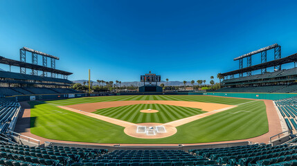 Empty baseball stadium with maintained field and large scoreboard