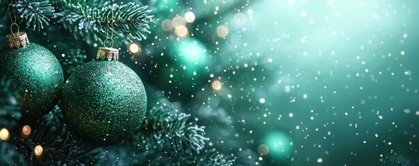 A beautifully decorated Christmas tree adorned with golden ornaments glistens amidst a gentle snowfall in a cozy, holiday-themed atmosphere Banner with place for text