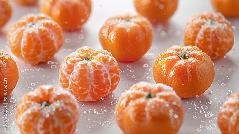 Poster tangerines spread out evenly across a clean surface, emphasizing their juicy and refreshing appearan