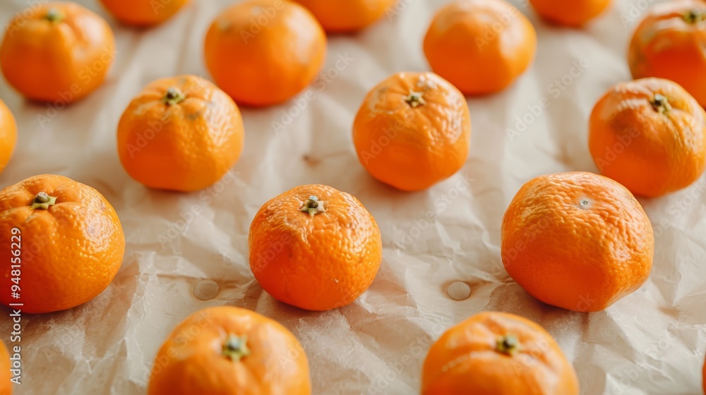 Poster Tangerines spread out evenly across a clean surface, emphasizing their juicy and refreshing appearance with detailed textures.