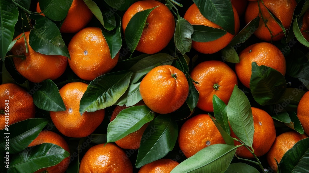 Poster tangerines with their vibrant orange color and green leaves creating a lively and eye-catching backg