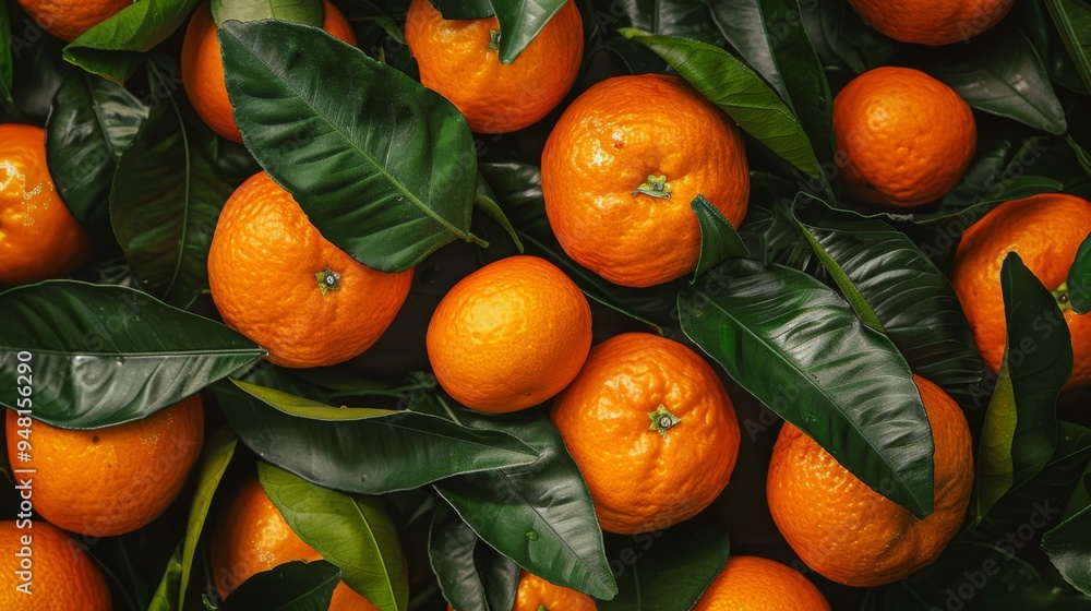 Poster tangerines with their vibrant orange color and green leaves creating a lively and eye-catching backg