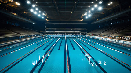 Empty Olympic-sized swimming pool arena with clean blue water
