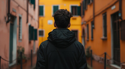 Naklejka premium Man Walking Down Street Next Wall