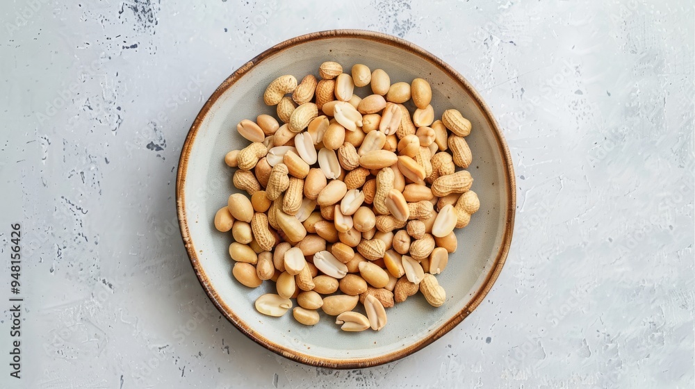 Poster top view of a simple plate filled with shelled peanuts, with the clean background providing a stark 