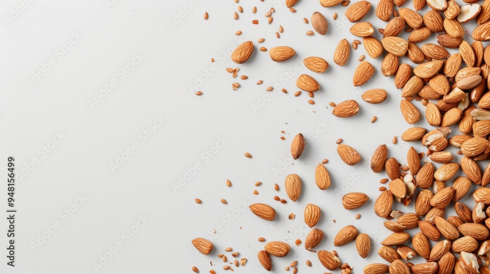 Poster top view of almonds spread out evenly on a clean background