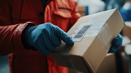 Close-up of delivery man scanning barcode on package with gloved hand