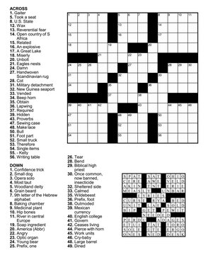 American Crossword puzzle game with 13 x 13 squares with clues and solution.