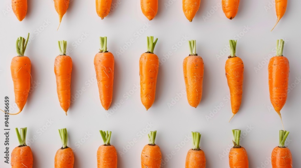 Poster Top view of multiple carrots arranged neatly on a white background