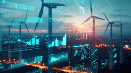 A wind turbine with graphs and charts on the screen behind it, representing green energy market data in an urban setting. 