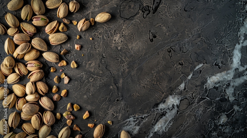 Poster top view of roasted pistachio nuts spread across a dark marble countertop, showcasing their textured