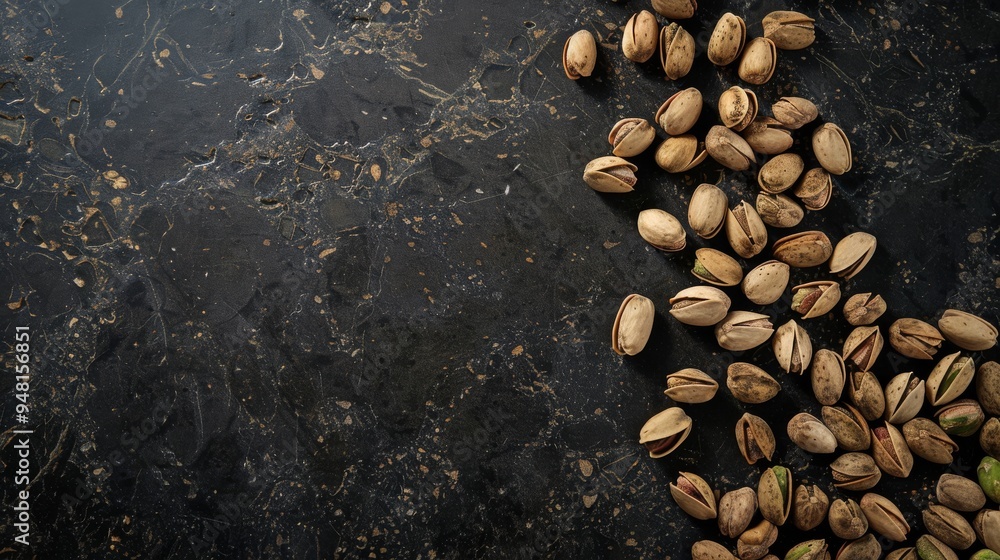 Poster top view of roasted pistachio nuts spread across a dark marble countertop, showcasing their textured