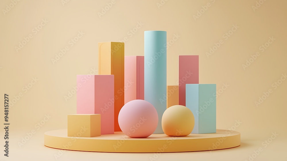 Poster pastel geometric shapes on a yellow background create a fun and abstract design, perfect for creativ