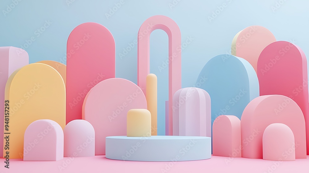 Poster pastel-colored abstract shapes form a background with a podium for product display, blending soft hu