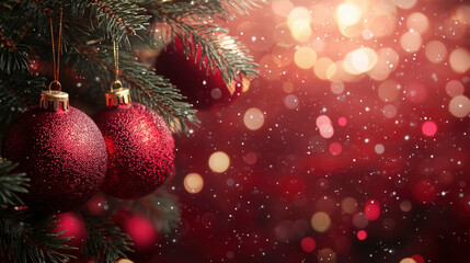 Obraz premium Beautifully decorated Christmas tree adorned with red baubles, twinkling lights and falling snowflakes creates a festive atmosphere during the holiday season. banner with space for text