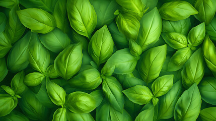 Obraz premium Full screen top view of fresh basil leaves with detailed texture and veining