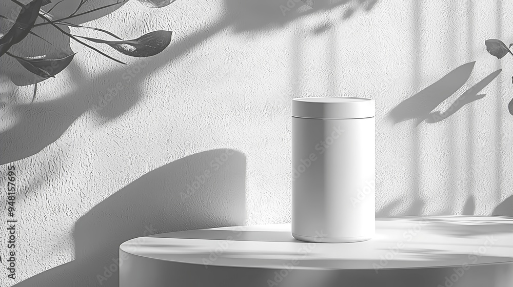 Poster a white product mockup is displayed on a round platform with shadows, set against a minimalist backg