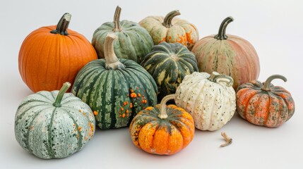 Various pumpkins grouped together, highlighting their natural imperfections and vibrant colors against a clean background