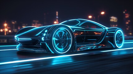 futuristic  car with neon light glow and city bokeh light as background, cyber future theme