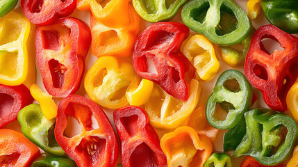 Full screen top view of mixed bell pepper slices with vibrant colors and crisp edges