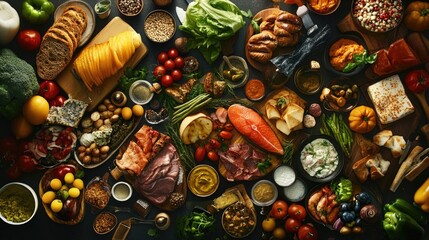 A collage of assorted food products, including fresh ingredients and prepared dishes, displayed in a dynamic composition.
