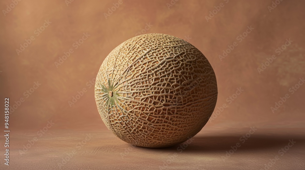 Poster whole cantaloupe with a perfectly textured rind, placed against a soft, uniform background to highli