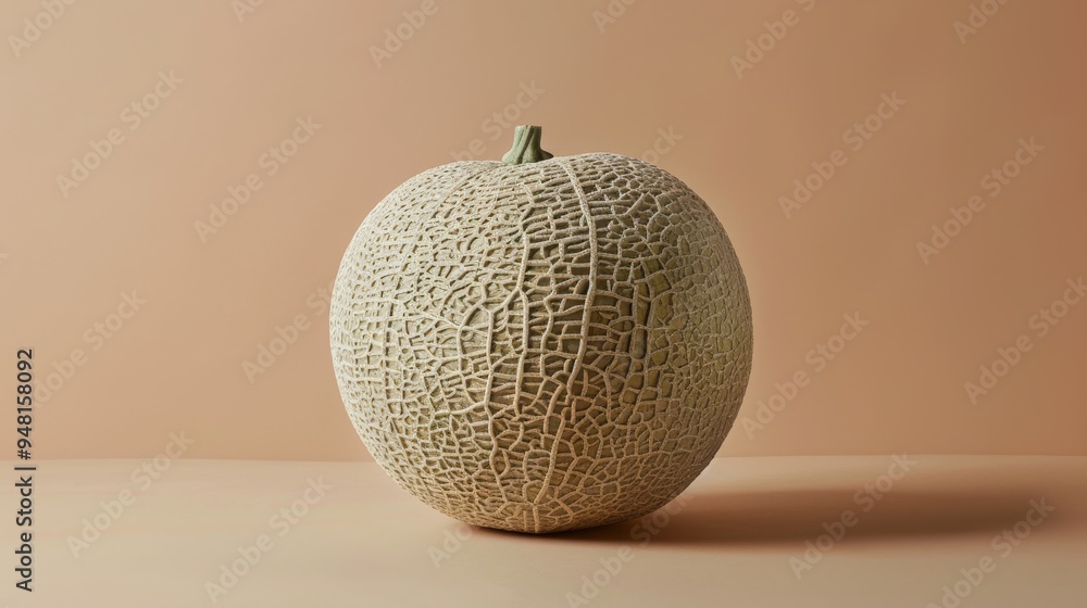 Poster whole cantaloupe with a perfectly textured rind, placed against a soft, uniform background to highli