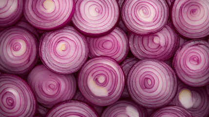Full screen top view of sliced red onions with vibrant color and detailed rings