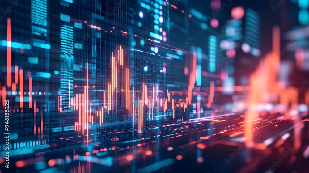 Poster cutting-edge digital trading interface with glowing financial data visualizations