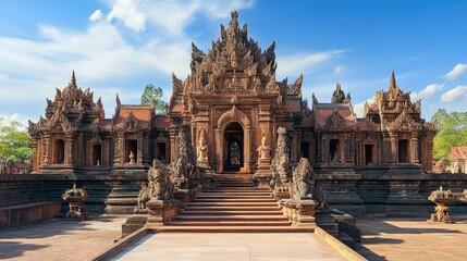 Fototapeta premium Majestic Southeast Asian temple with intricate carvings and statues, spiritual and serene