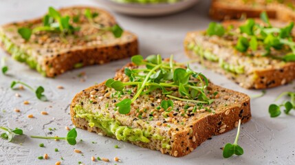 Whole grain bread slices with avocado spread and microgreens