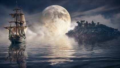 Obraz premium galeón pirata de 1750 con velas negras y cañones dorados en una noche de luna llena y niebla