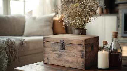 A rustic wooden box with a candle and bottles sits on a table, adding charm and warmth to the room.