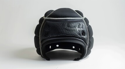 Black protective rugby scrum cap sitting on white background